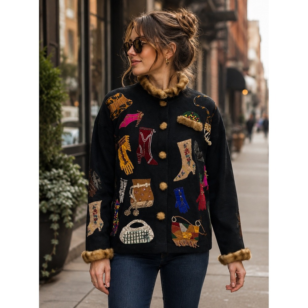 Vintage Design Options Western Appliqué Faux Fur Trim Sweater Jacket L